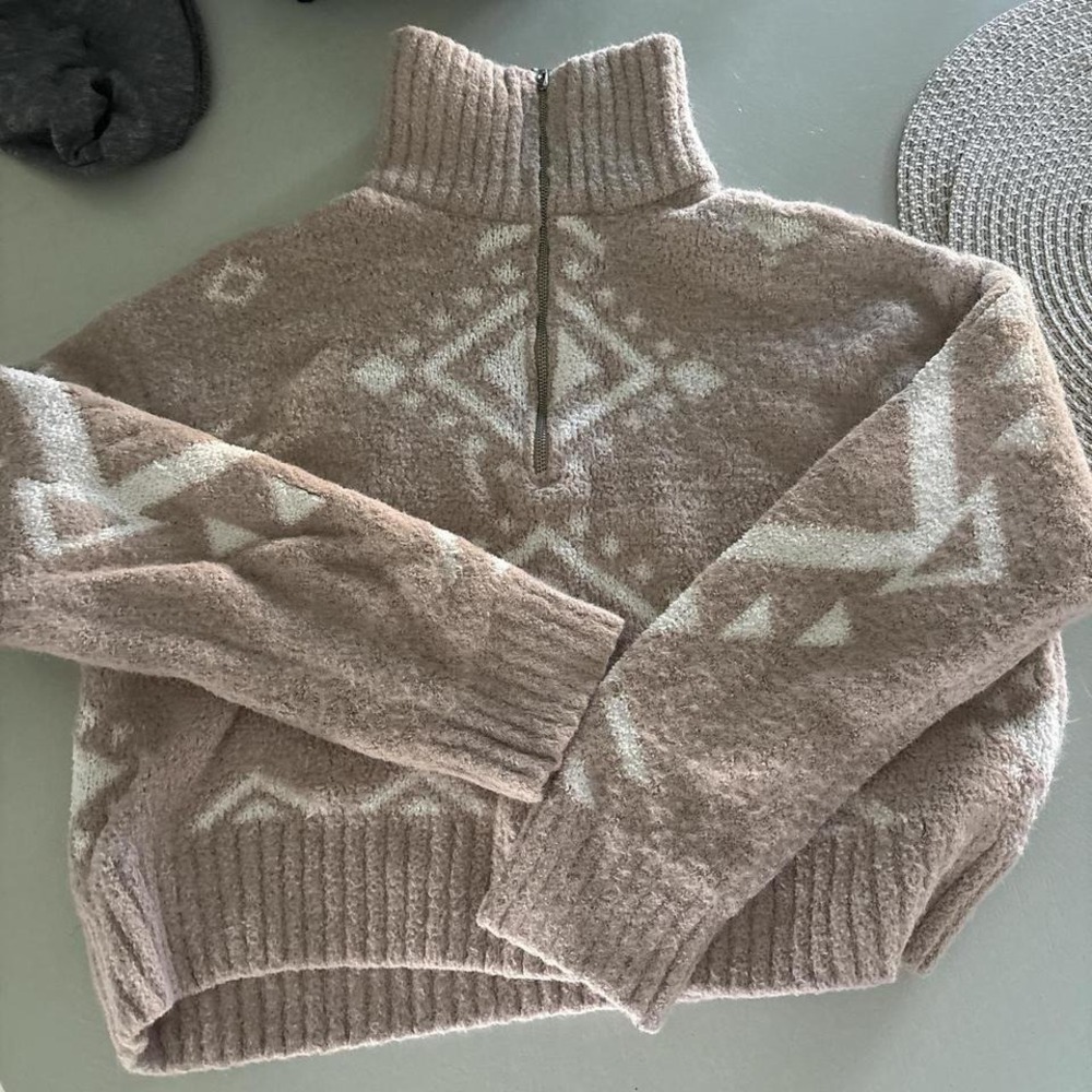 Jessica Simpson Womens Tan Aztec Quarter Zip Fuzzy Cropped Sweater Large RN75343